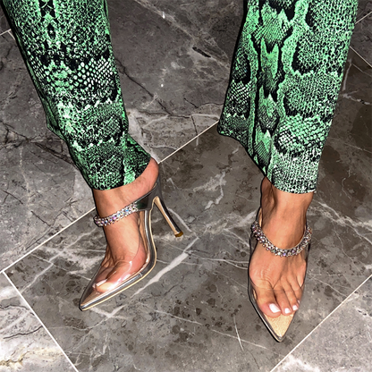 Women's Transparent Pointed Toe Rhinestone Strap High Heel Mules