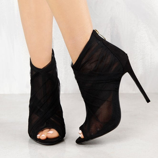 Women's Black Tulle Peep Toe Stiletto Heel Ankle Boots with Zipper