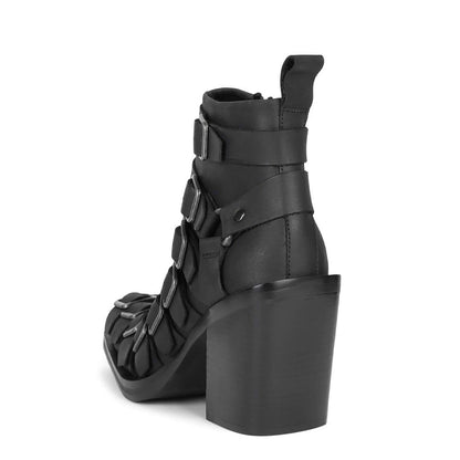 Black Square Toe Block Heel Ankle Boots with Multi-strap