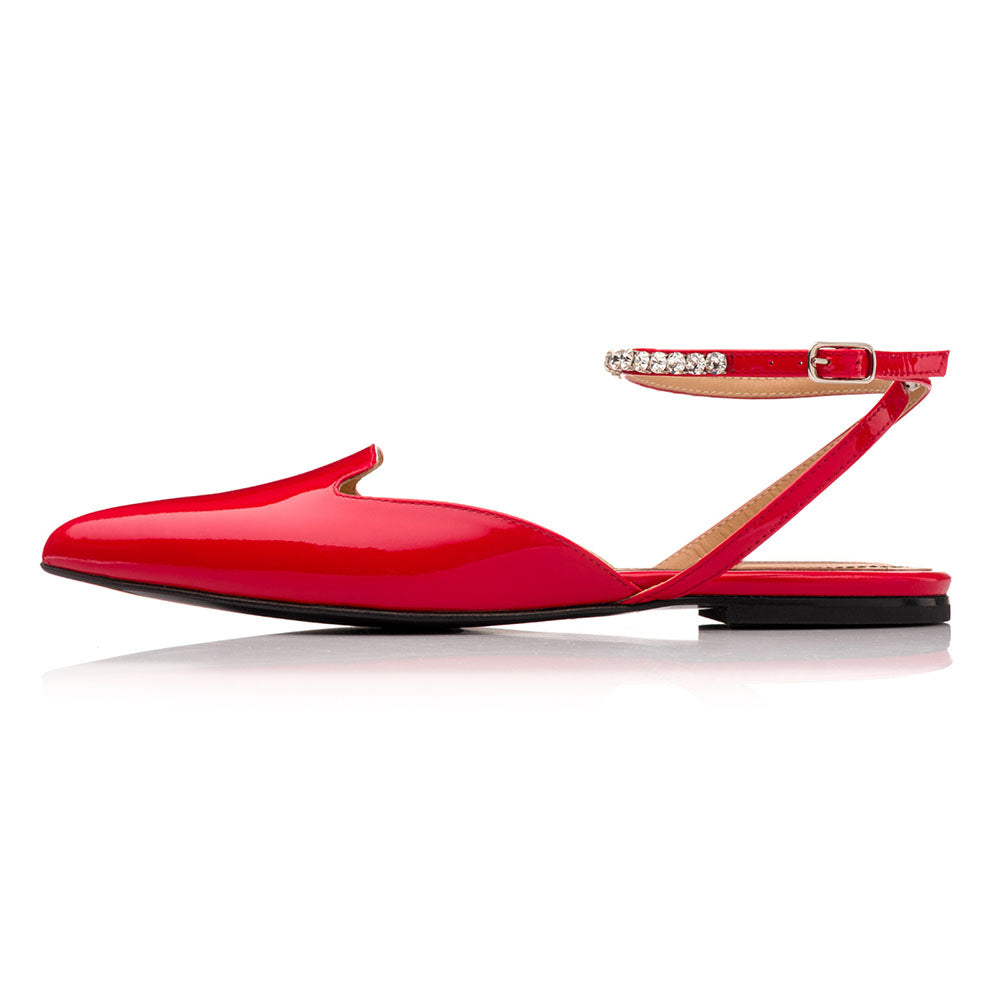 Red Patent Leather Closed Pointy Toe Rhinestone Ankle Strap Flats