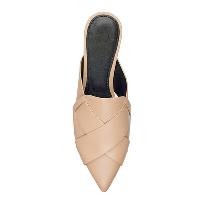 Nude Pointed Toe Braided Flat Mule Loafers for Women
