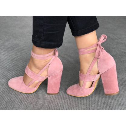 Women's Pink Vegan Suede Round Toe Strappy Block Heel Pumps by FSJ