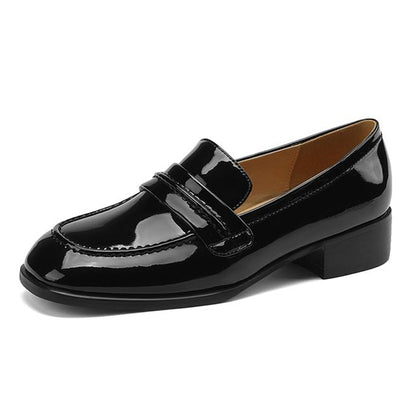 Black Patent Leather Closed Toe Chunky Heel Formal Loafers