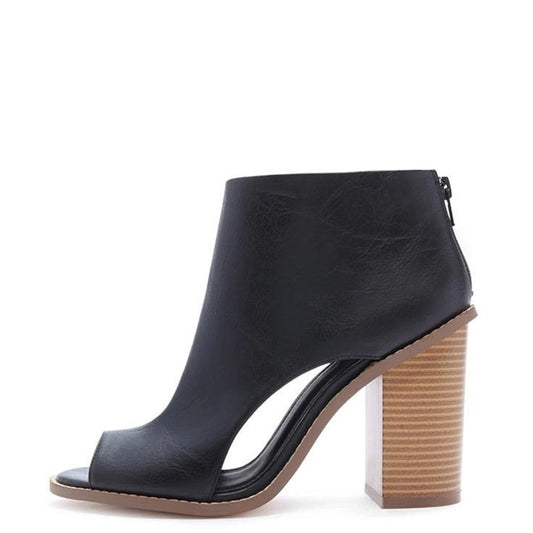 Black Cut Out Peep Toe Wooden Chunky Heel Ankle Boots