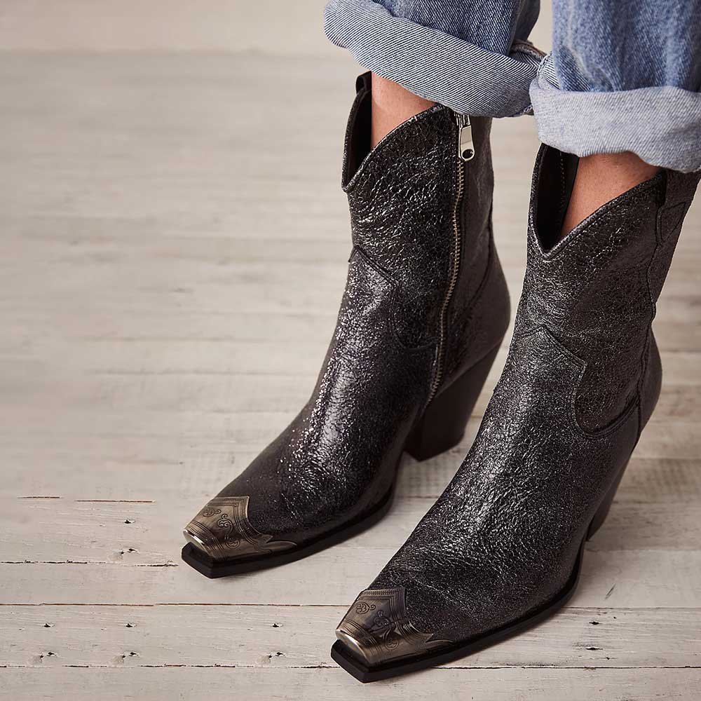 Black Metallic Snip Toe Chunky Heel Cowgirl Ankle Boots with Zipper
