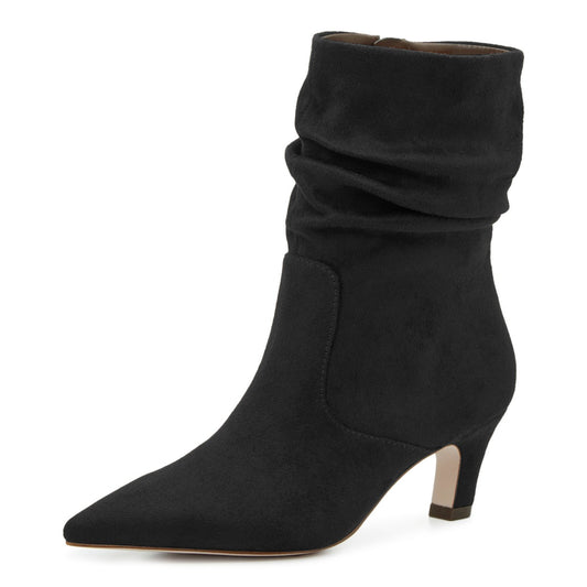 Black Chunky Heel Slouchy Vegan Suede Ankle Boots with Zipper
