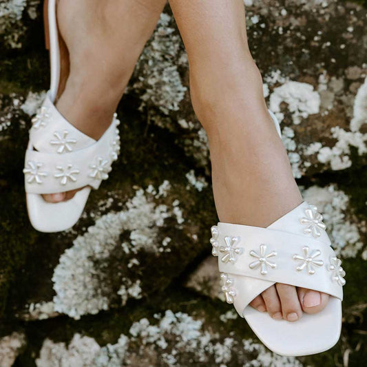 White Satin Square Toe Flat Pearl Inlay Slippers