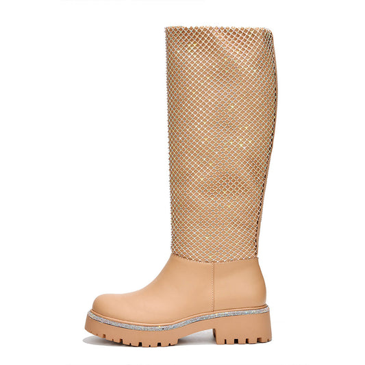 FSJ Nude Round Toe Rhinestone Mesh Chunky Heel Knee High Boots