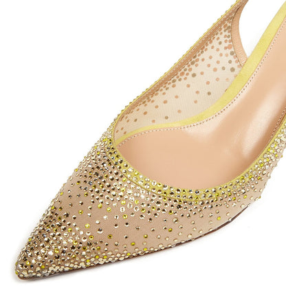 Yellow Vegan Suede & Mesh Rhinestone Kitten Heel Slingback Pumps
