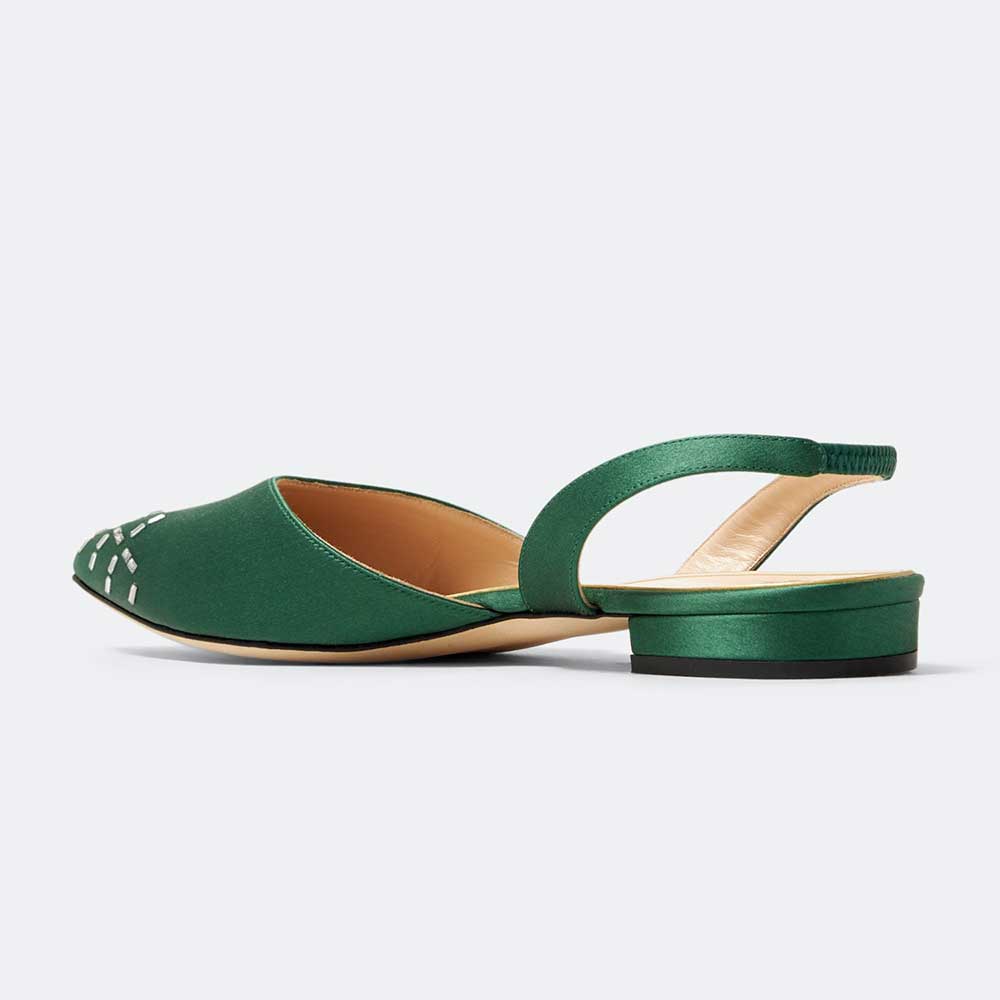 Green Satin Crystal Embellished Pointed Toe Flats Slingback Shoes