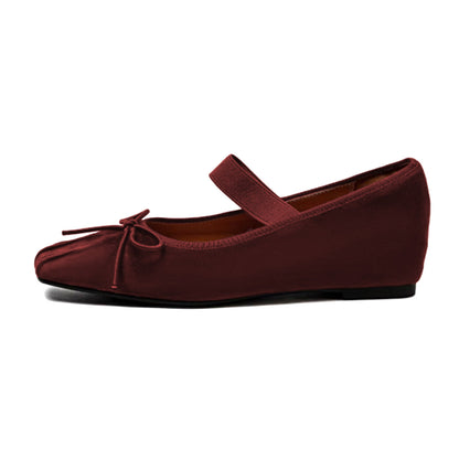 Dark Maroon Strap Mary Jane Square Toe Ballet Flats with Bow