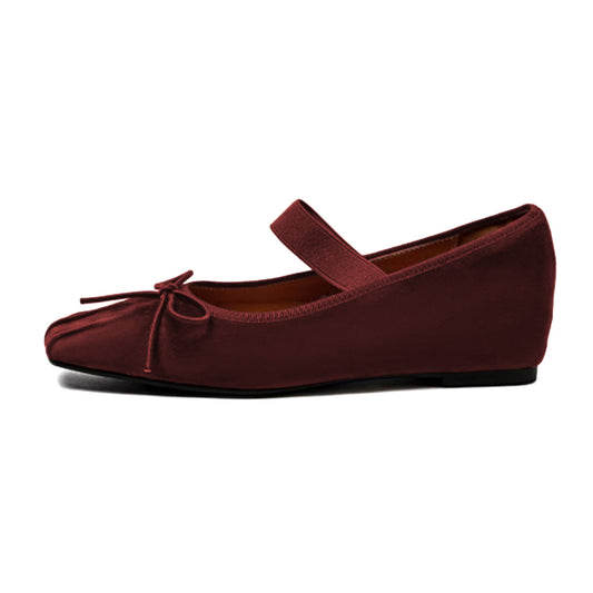 Dark Maroon Strap Mary Jane Square Toe Ballet Flats with Bow