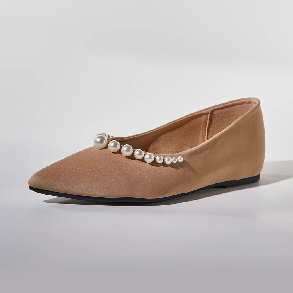 Women's Classy Tan Satin Pearl Embellished Pointed Toe Flats