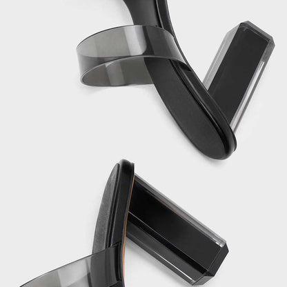 Black & Clear PVC Square Toe 4'' Chunky Heel Double Strap Mules