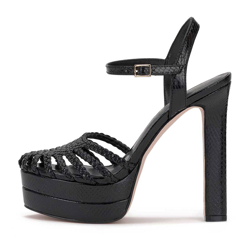 Black Woven Round Toe Chunky Heel Buckle Ankle Strap Platform Sandals