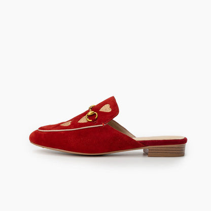 Red Vegan Suede Heart Embroidered Horsebit Mule Loafers