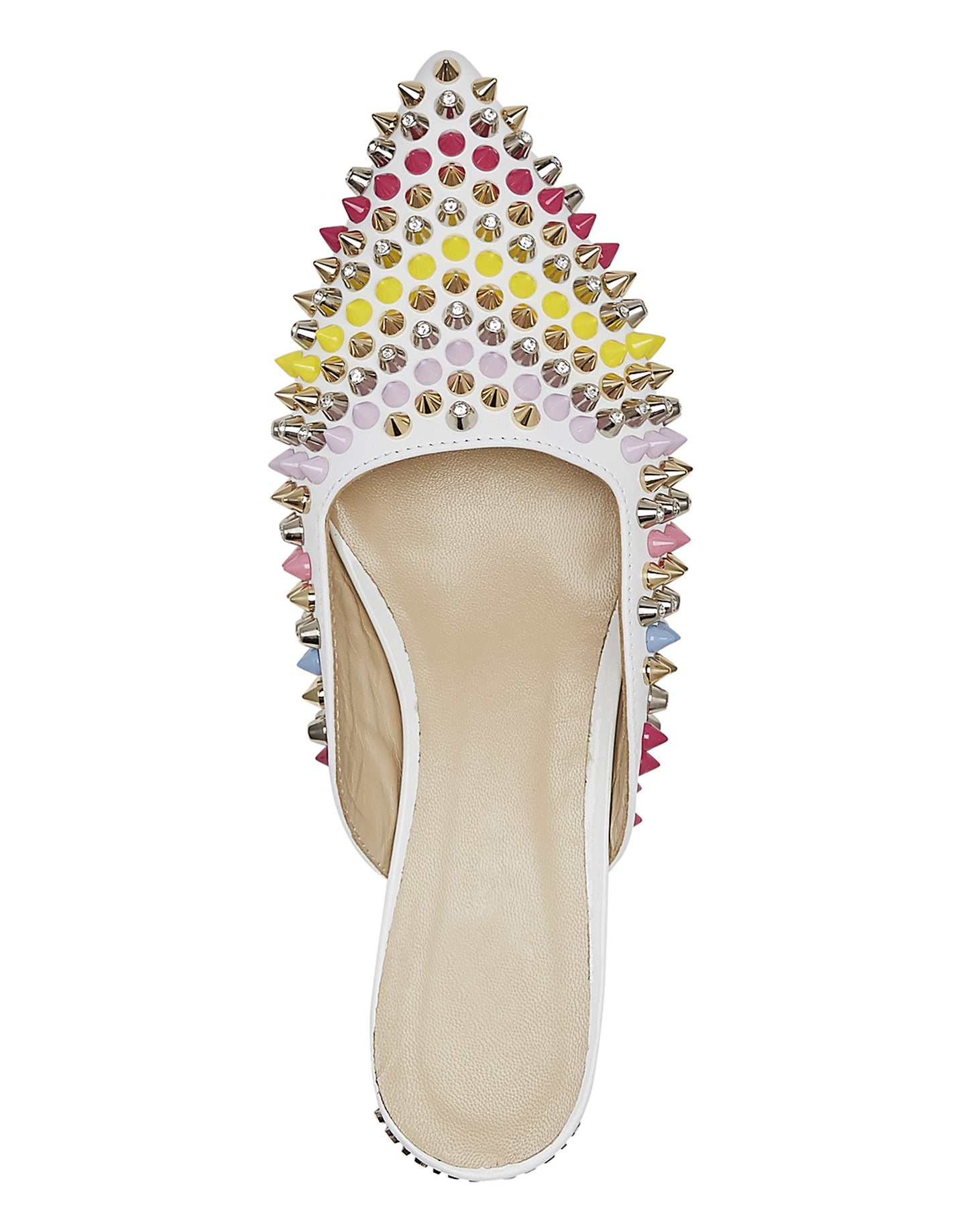 White Pointed Toe Flat Mules with Multicolor Rivets