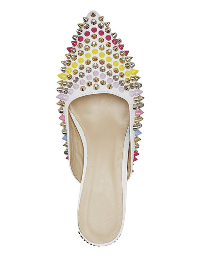 White Pointed Toe Flat Mules with Multicolor Rivets