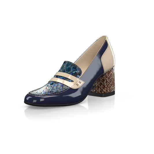 Navy & Beige Patent Leather Snakeskin Print Block Heeled Loafers