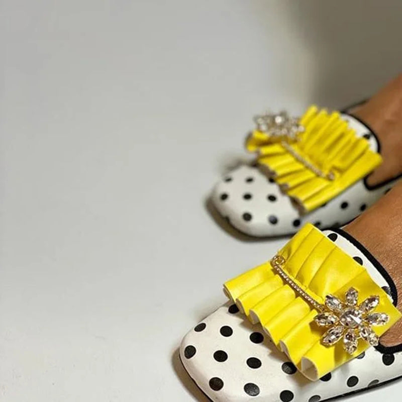 White Square Toe Polka Dot Flats Rhinestone Buckle Women's Loafers