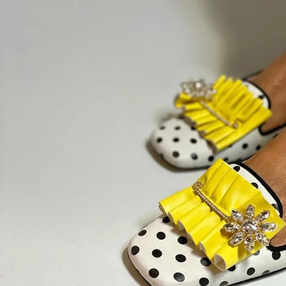 White Square Toe Polka Dot Flats Rhinestone Buckle Women's Loafers