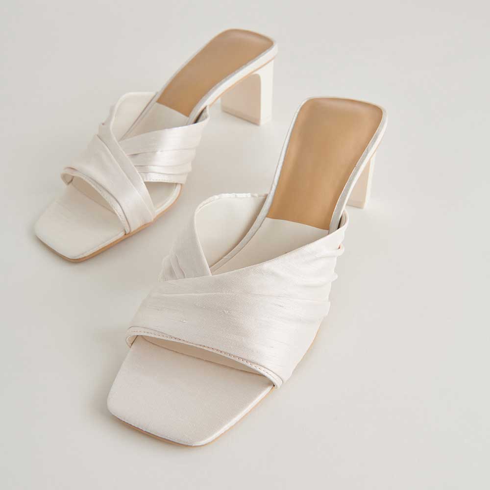 White Satin Square Toe Block Heel Ruched Mule Sandals for Wedding