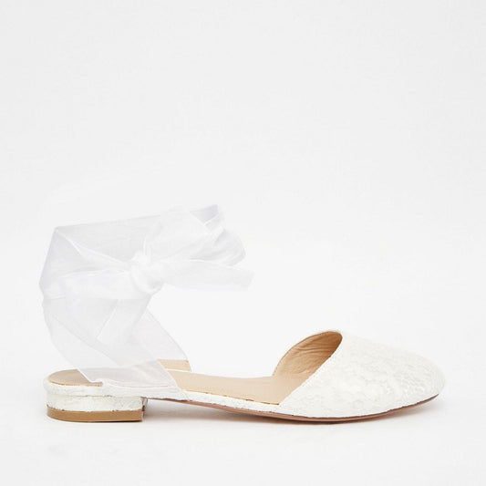 Women's White Lace Round Toe Tie Up Elegant Bride Flats