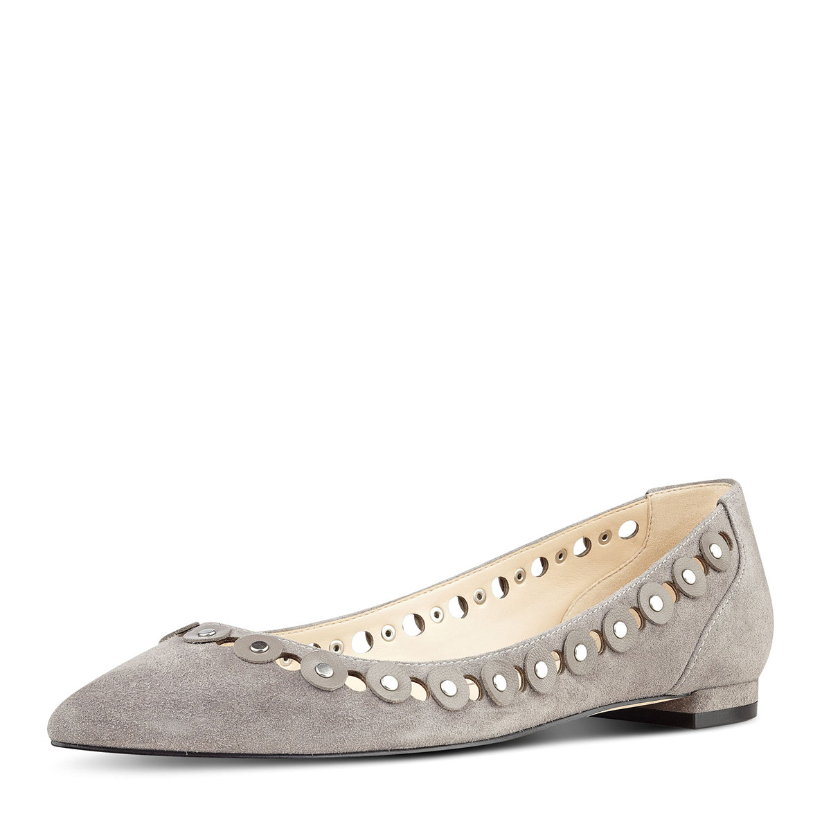 Grey Vegan Suede Hollow Out Studded Pointed Toe Flats for Women