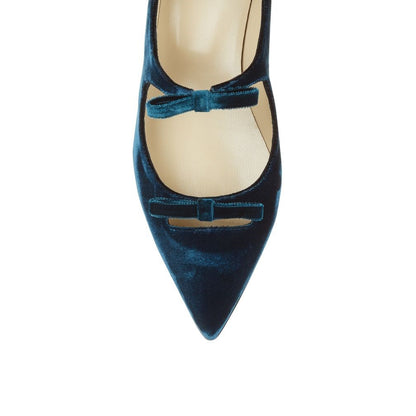 Teal Velvet Bows Embellished Pointed Toe Ankle Strap Mary Jane Flats