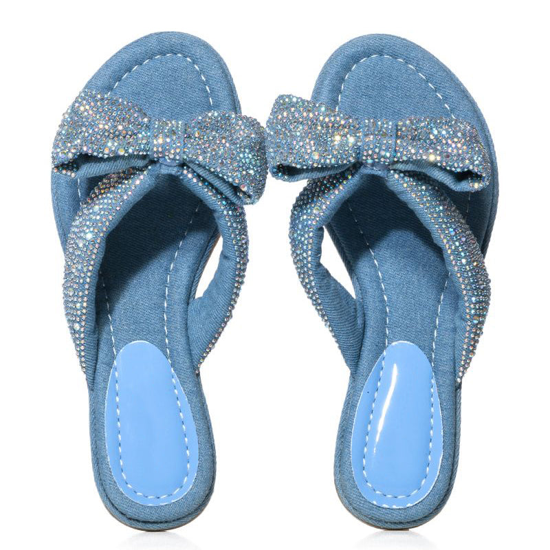 Blue Denim Open Toe Rhinestones Bow Thong Sandals Flat Mules