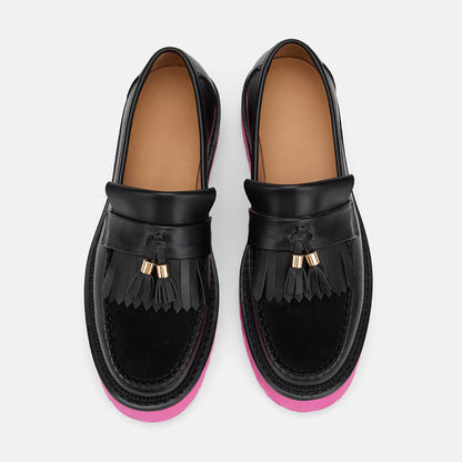 Pink & Black Round Toe Tassel and Fringe Chunky Loafers Women