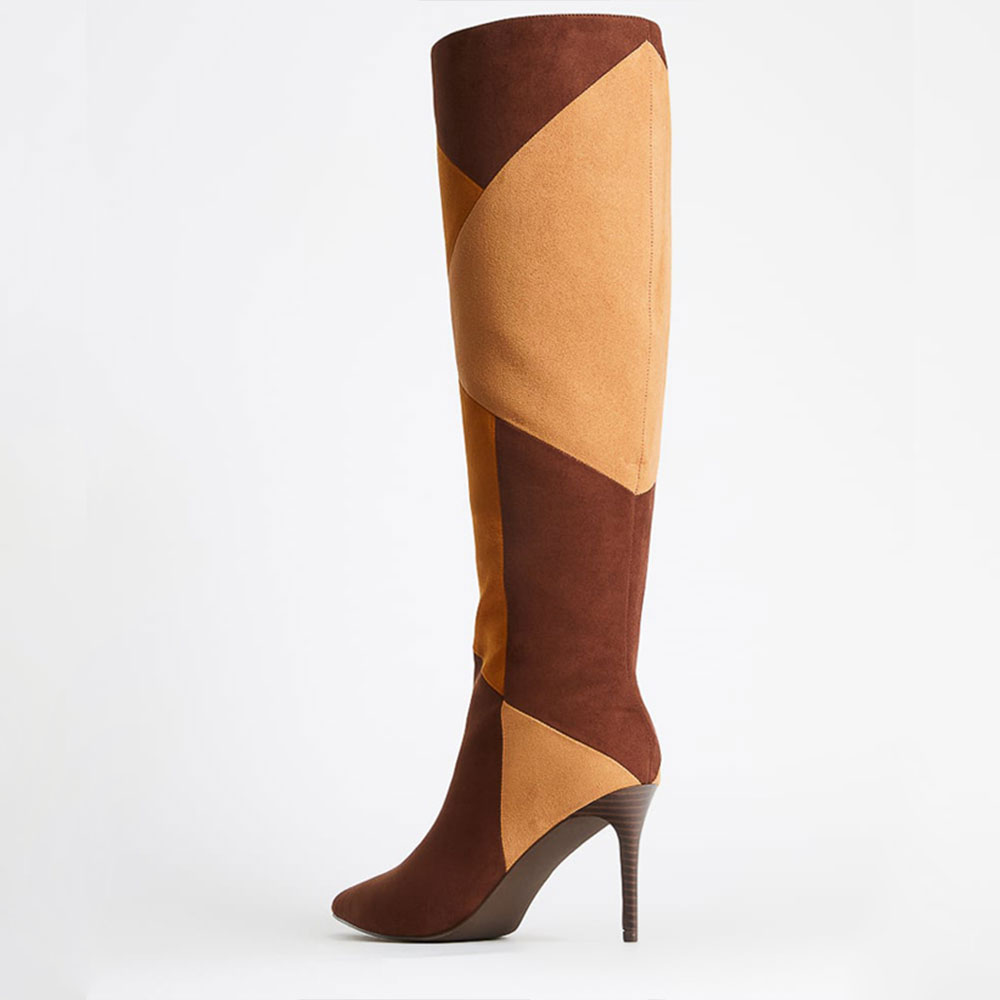 Brown Vegan Suede Patchwork Pointed Toe Stilettos Knee High Boots