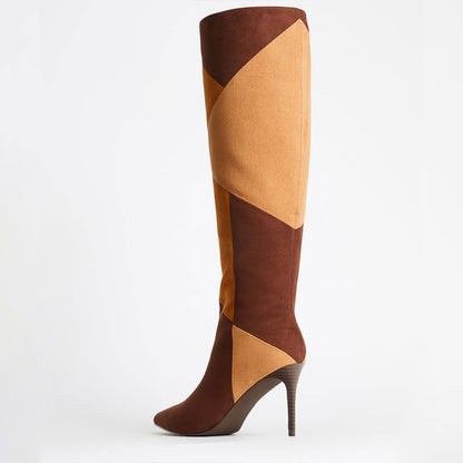 Brown Vegan Suede Patchwork Pointed Toe Stilettos Knee High Boots