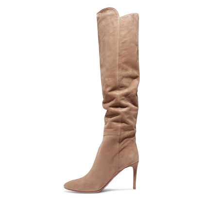 Khaki Vegan Suede Stiletto Heel Knee High Boots