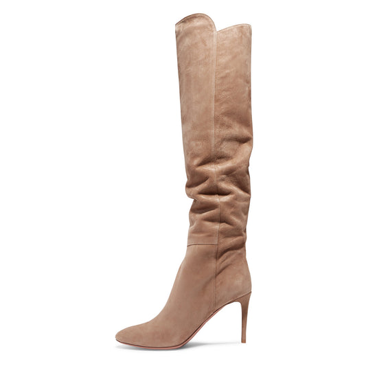 Khaki Vegan Suede Stiletto Heel Knee High Boots