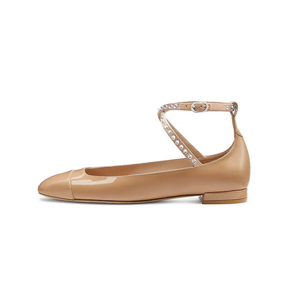 Nude Patent Leather Round-Toe Rhinestone Decor Ankle Strap Flats