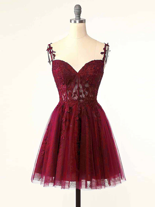 Vintage Burgundy Applique Sweetheart Spaghetti Strap Design A-line Tulle Party Dress Homecoming Dress TP4071