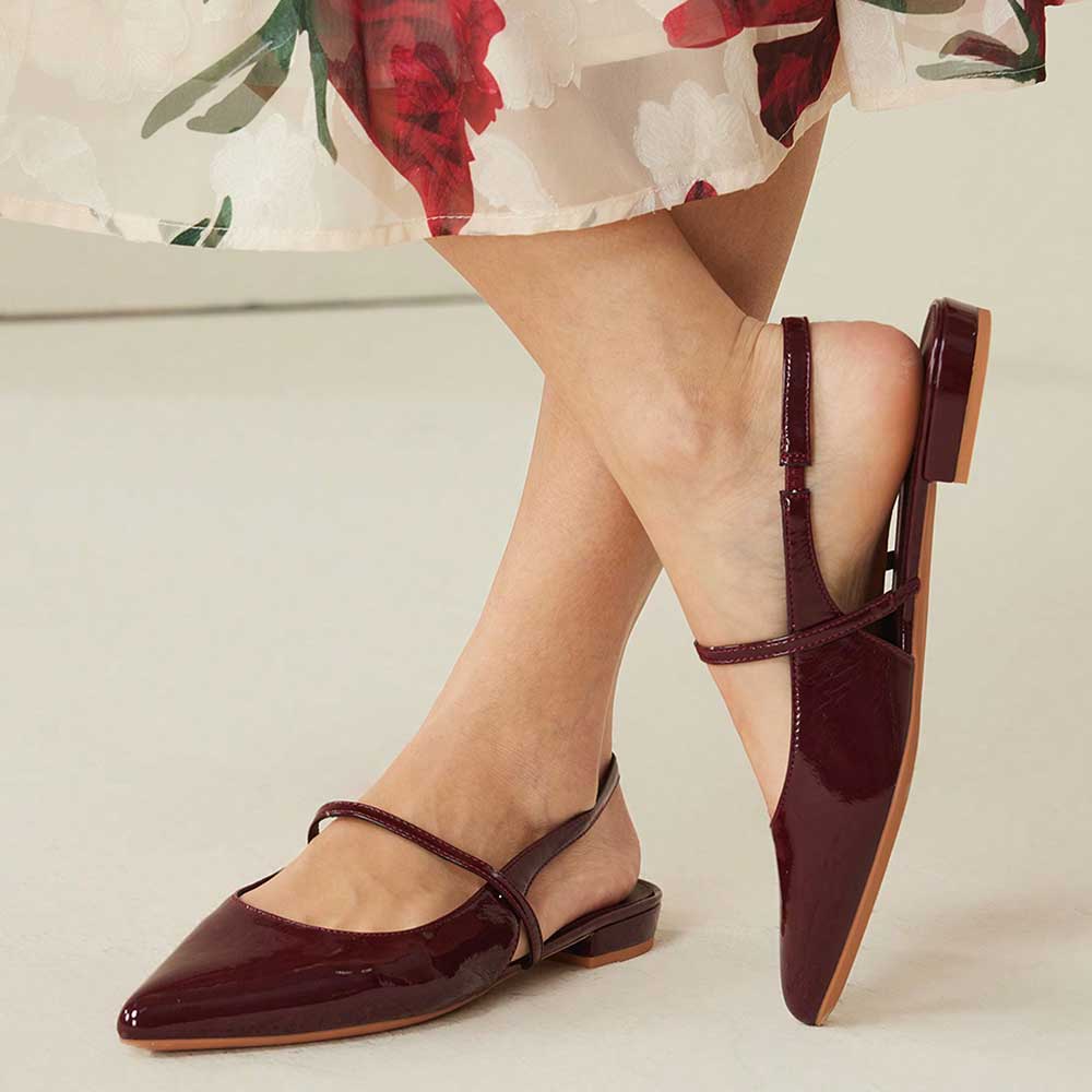 Burgundy Patent Leather Pointed Toe Flats Slingback Shoes for Women
