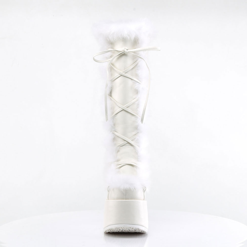 White Lace-Up Faux Fur Round Toe Block Heel Platform Knee High Boots