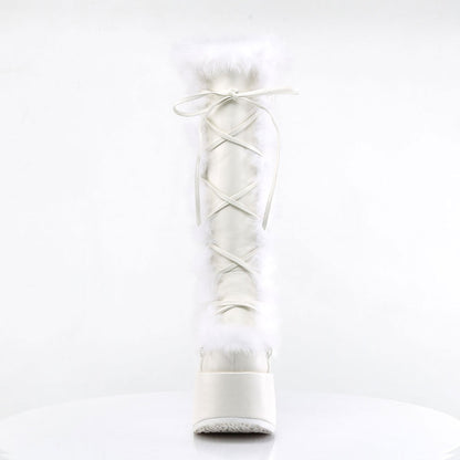 White Lace-Up Faux Fur Round Toe Block Heel Platform Knee High Boots