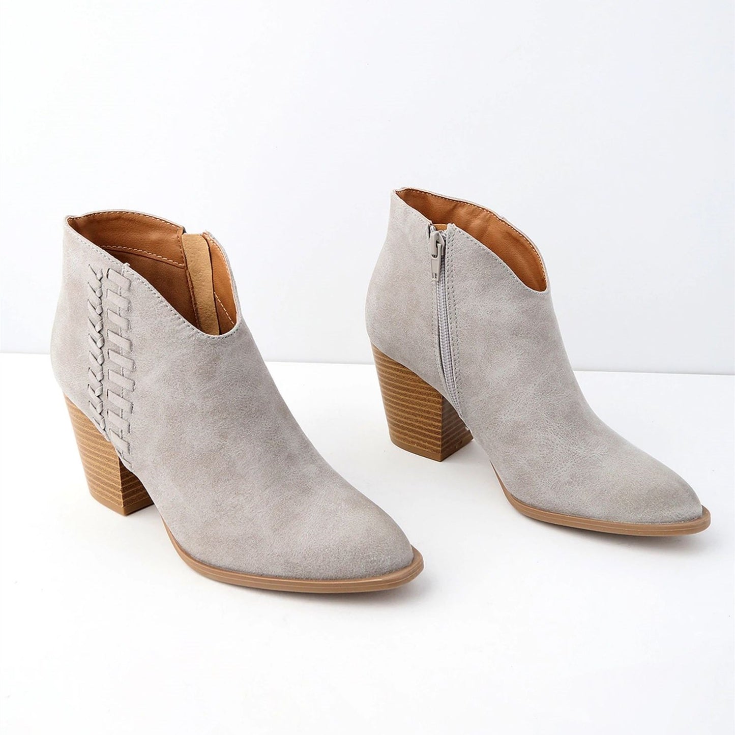 Grey Vegan Suede Woven Detail Chunky Heel Short Boots for Women