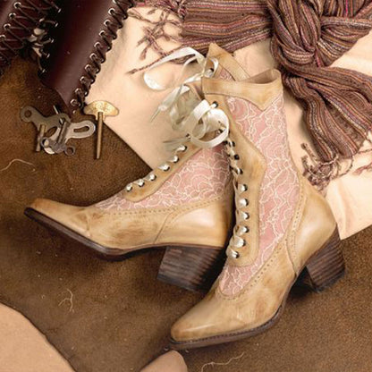 Tan & Pink Lace Patchwork Ribbon Almond Toe Chunky Heel Mid Calf Boots