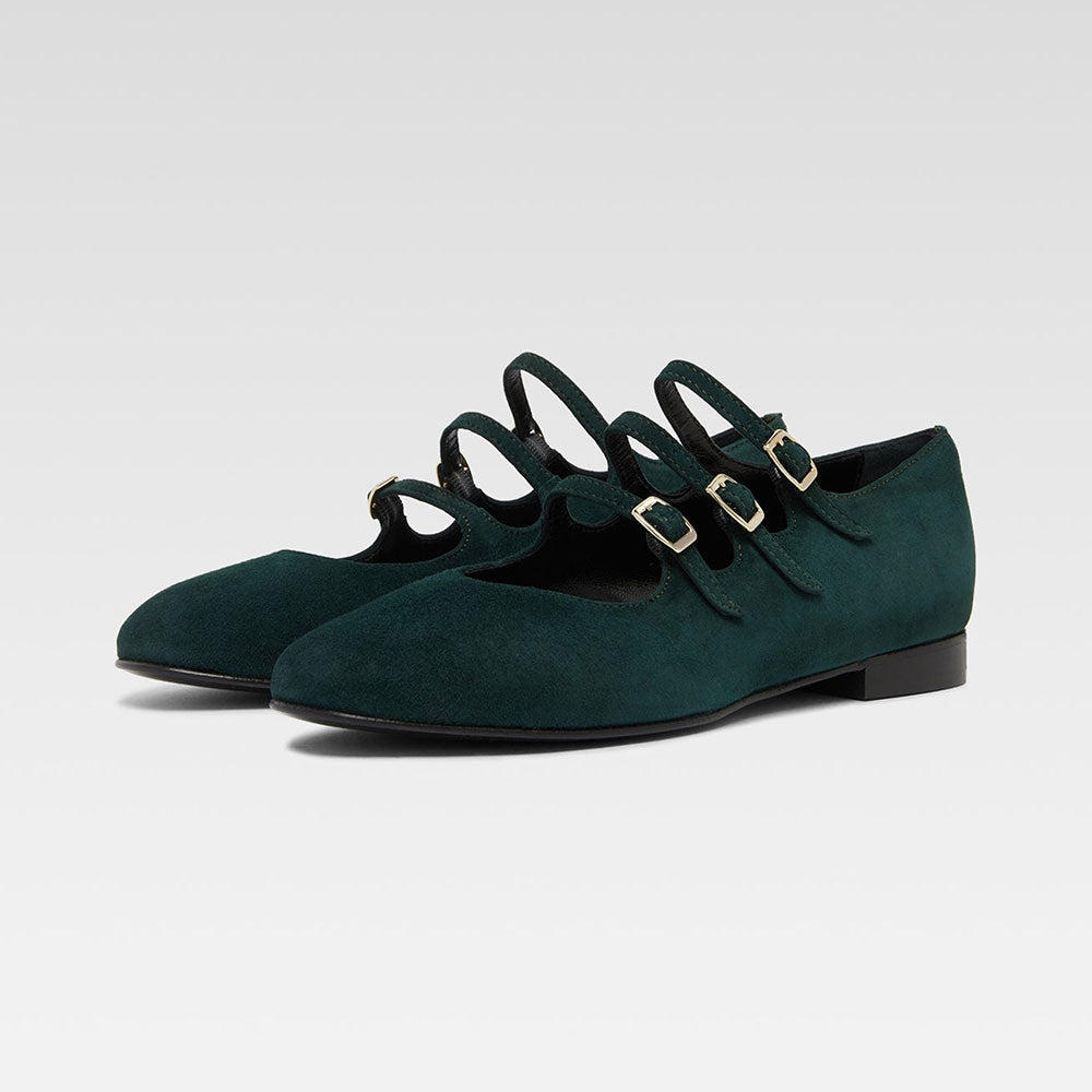 Dark Green Vegan Suede Square Toe Mary Jane Flats with Buckles