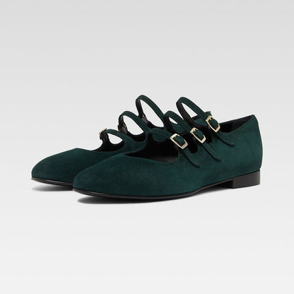 Dark Green Vegan Suede Square Toe Mary Jane Flats with Buckles