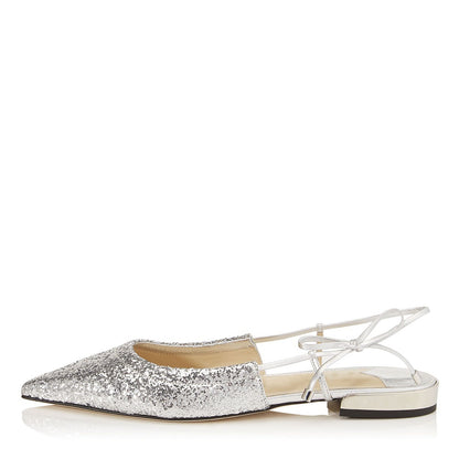 Silver Glitter Shoes Pointed Toe Tie Bow Slingback Flats