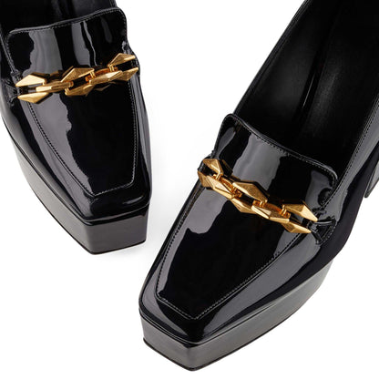 Black Patent Leather Square Toe Buckled Chunky Heels Platform Loafers