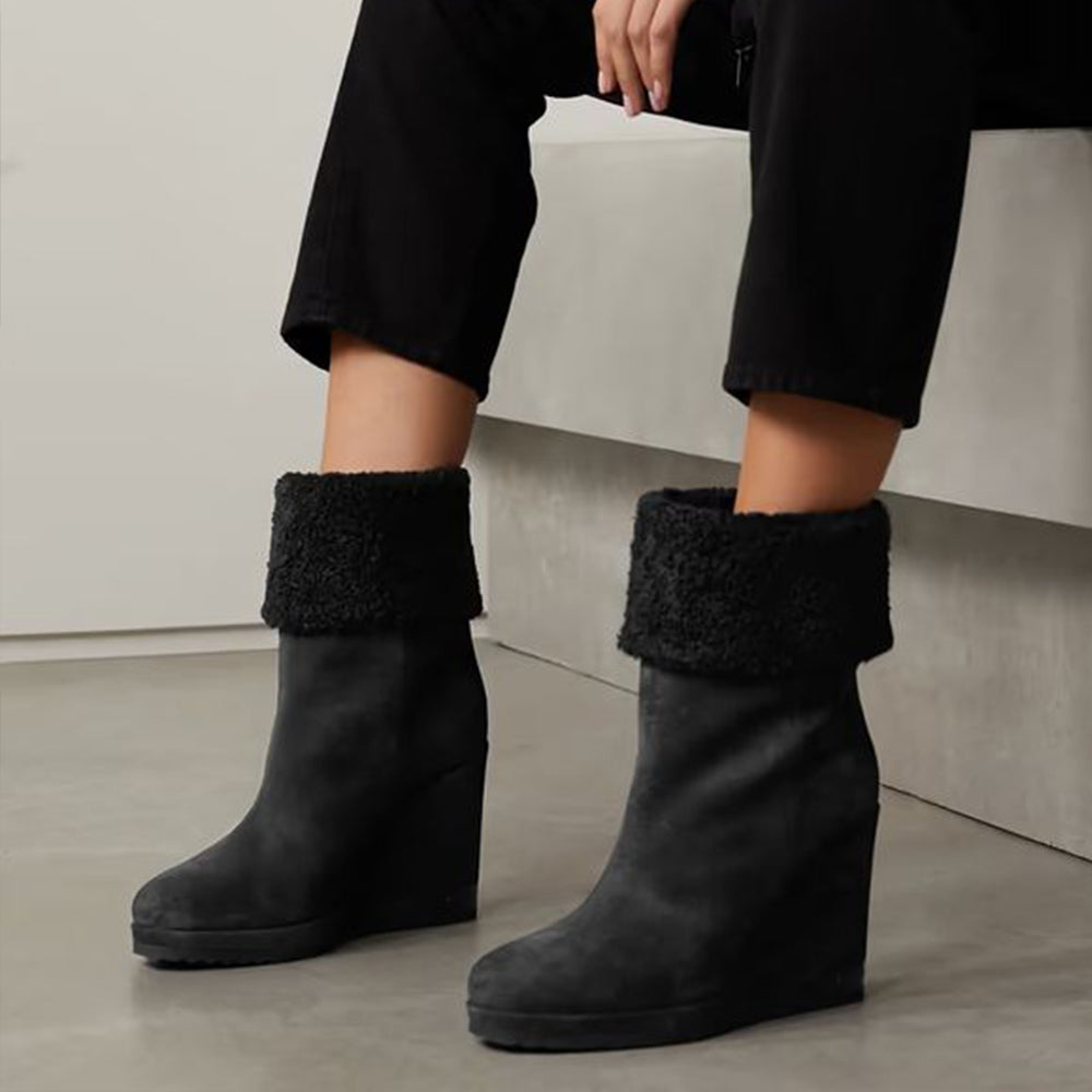 Women's Vegan Suede Round Toe Fuzzy Fold Over Wedge Boots in Black
