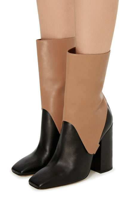 Black and Tan Saddle Style Mid Calf Boots with Block Heels