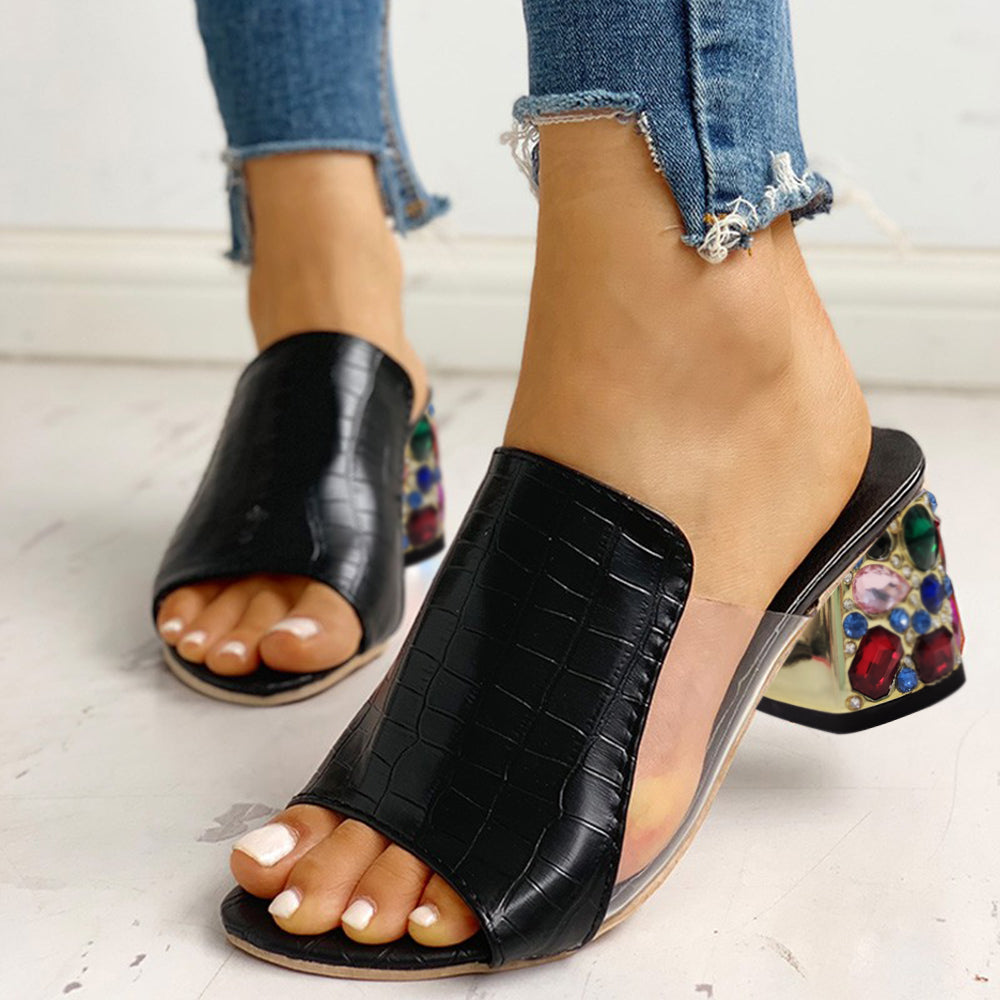 Black & Clear Open Toe Decorative Heel Mules