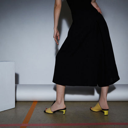 Yellow Open Square Toe Chunky Heel Mules Shoes with Asymmetric Vamp